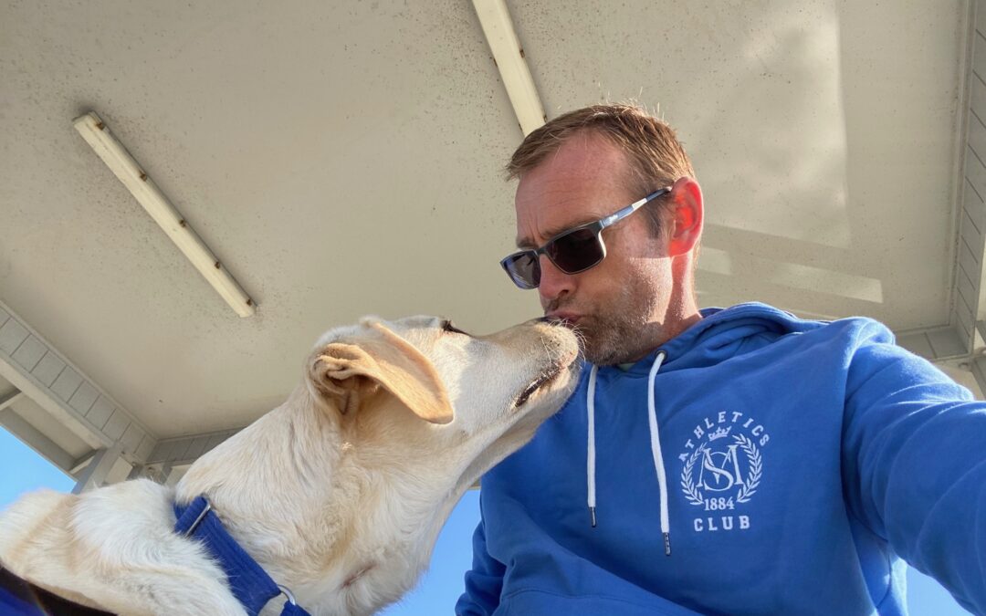 Man wearing sunglasses looks down at labrador who is reaching upward to touch faces