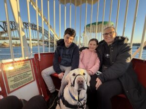 Mum and her two children and their assistance dog inside a ferris wheel gondola with the harbour bridge in the background.